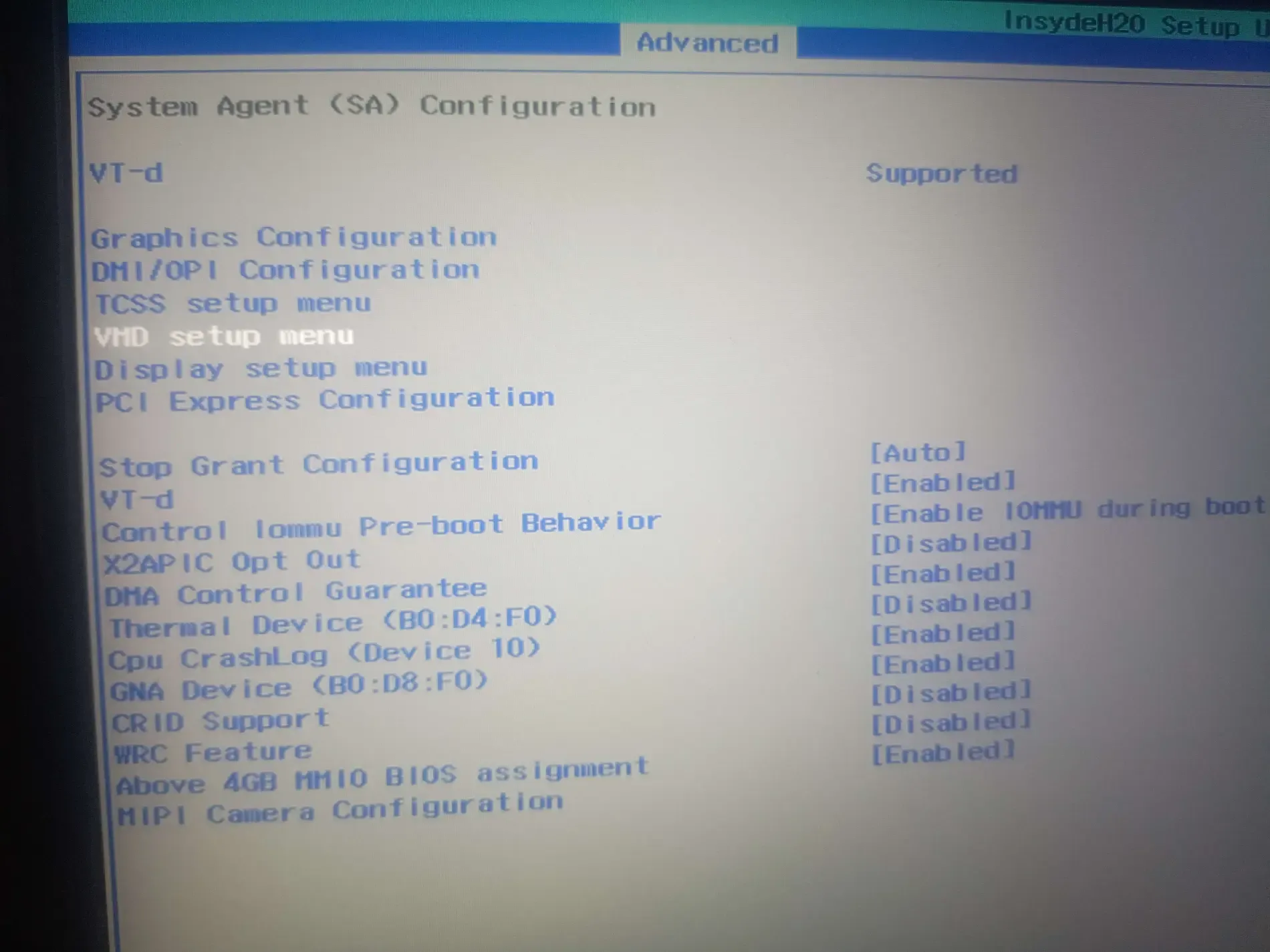 Acer RST VMD BIOS menu