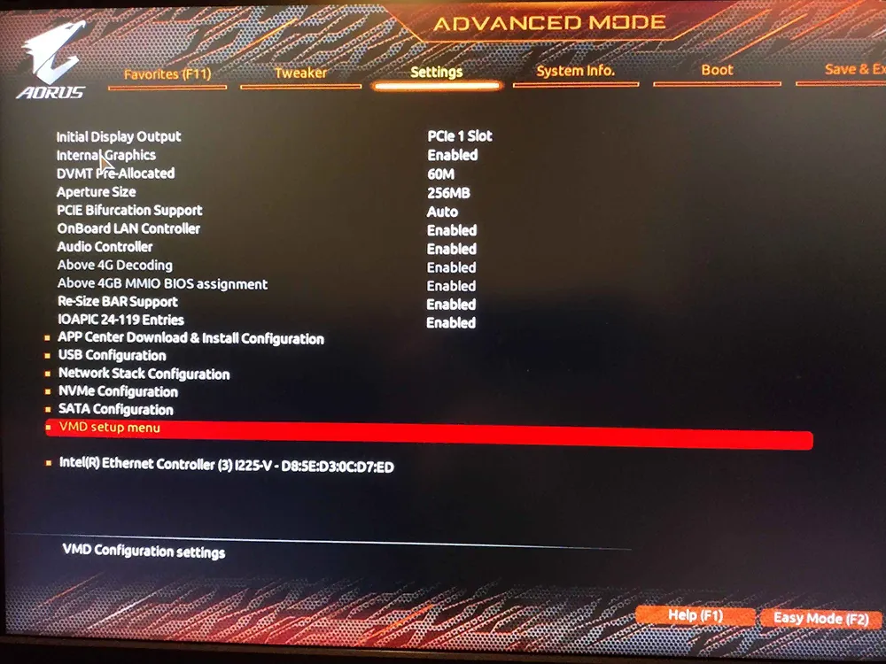 Aorus RST VMD BIOS meny