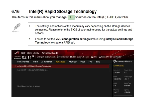 Asus RST BIOS menu