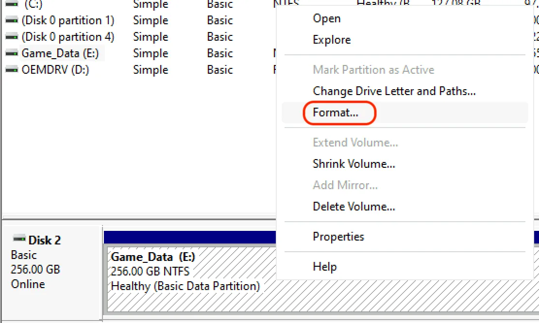 Drive format context menu