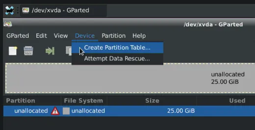 creating a table in gparted