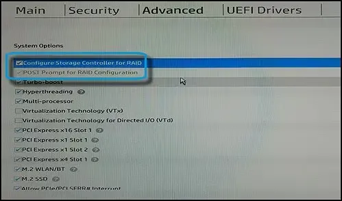 HP RST VMD BIOS menu