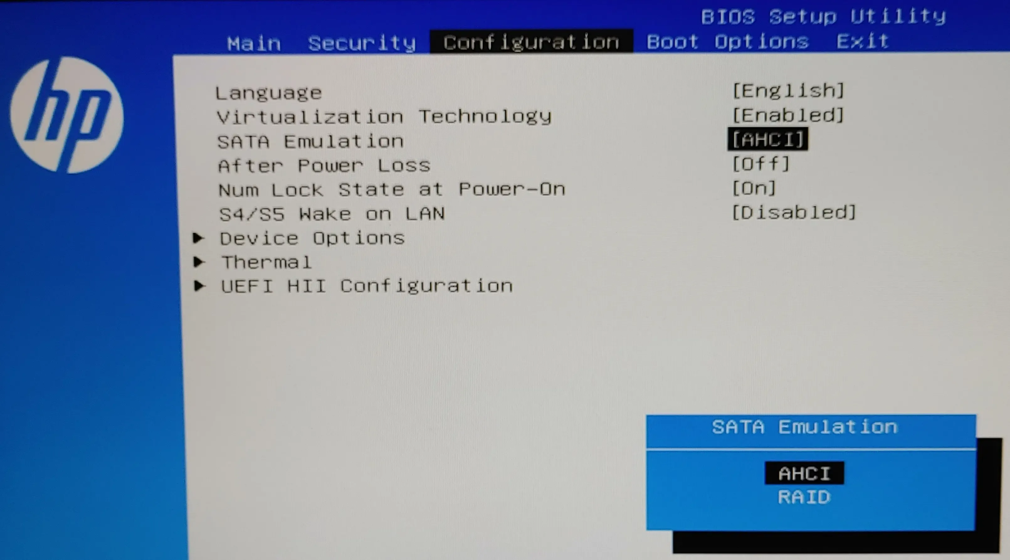 HP RST VMD BIOS menu