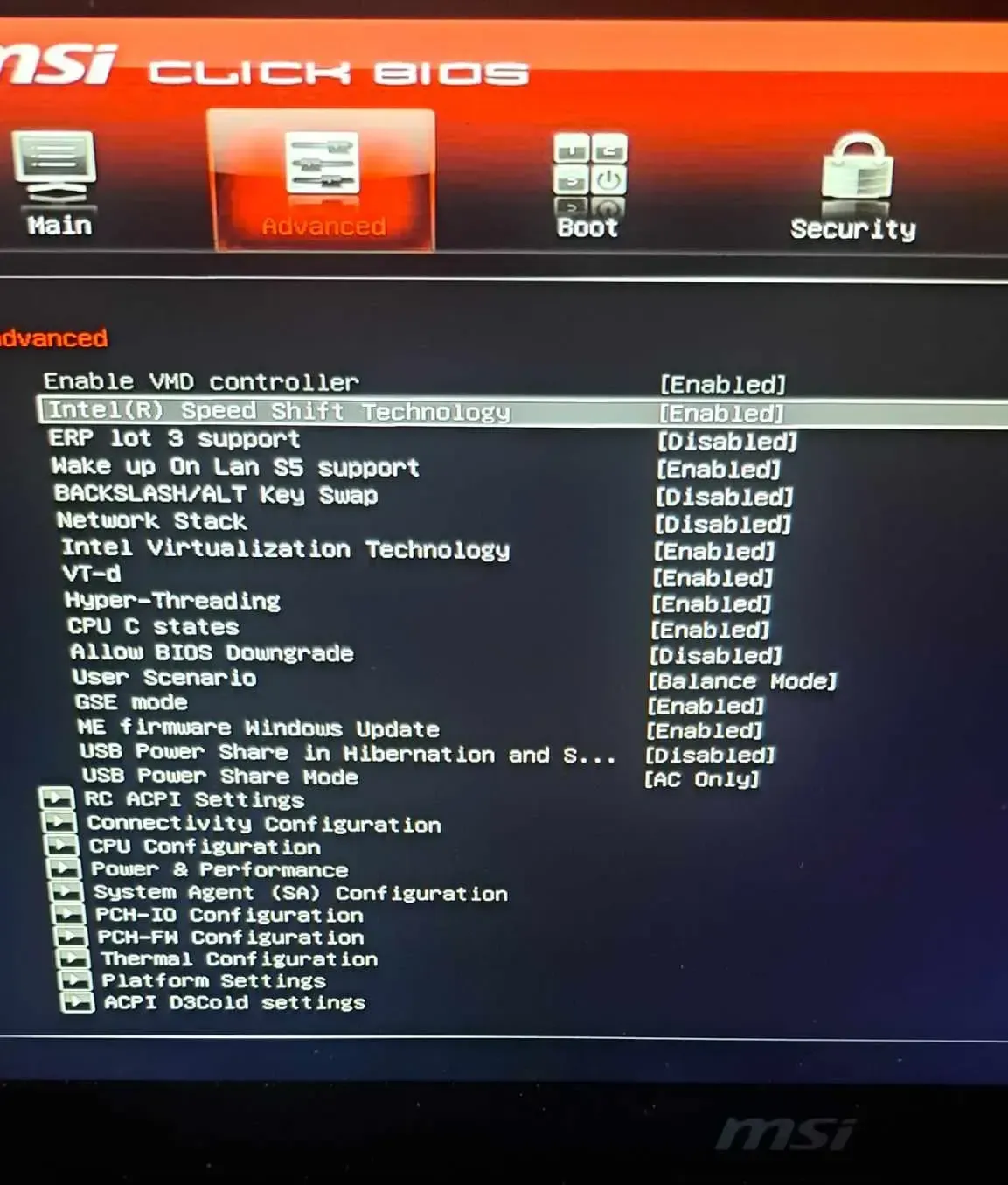 MSI RST VMD BIOS menu