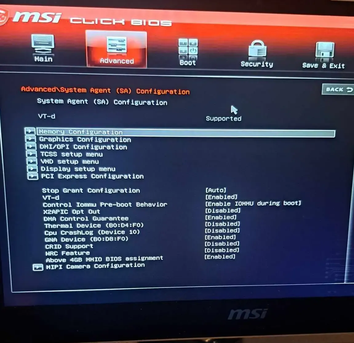 MSI RST VMD BIOS menu