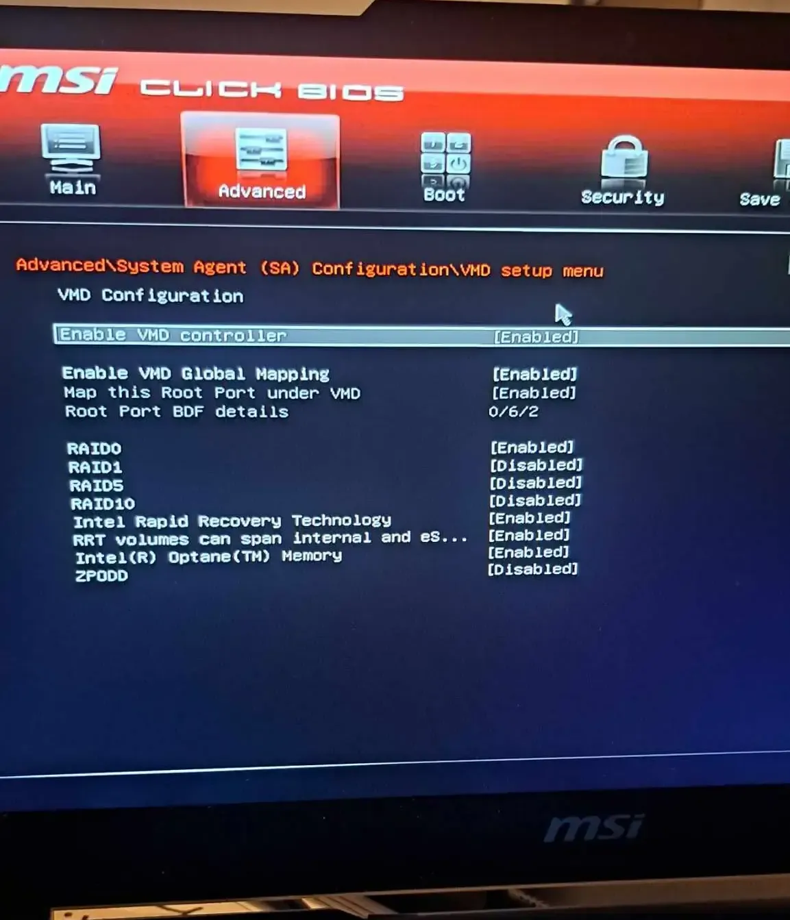 MSI RST VMD BIOS menu