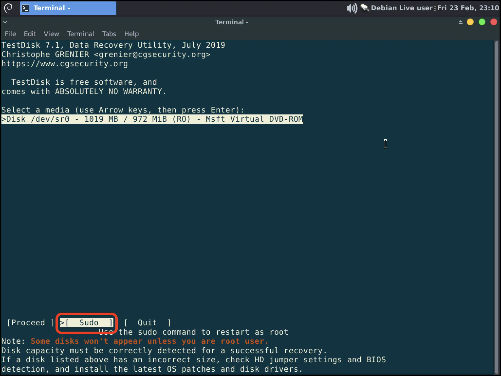 Selecting Sudo in Testdisk