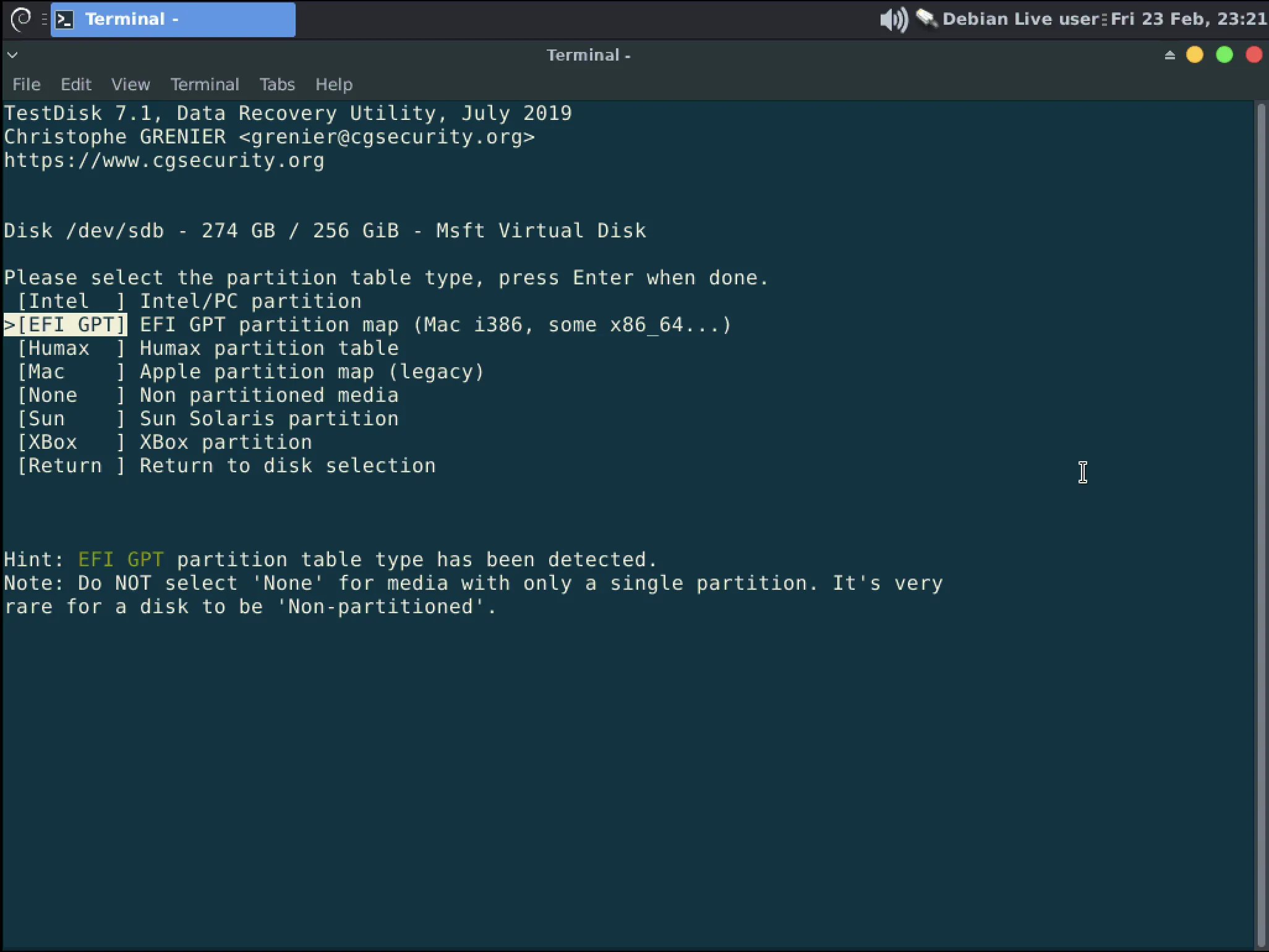 Partition table selection in Testdisk