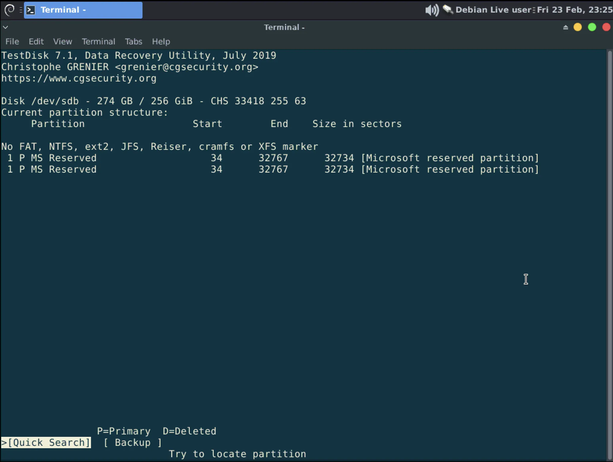 Quick scan in Testdisk for partitions