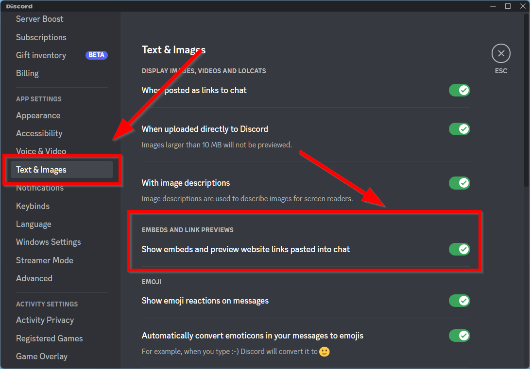 Discord Text and Images Settings